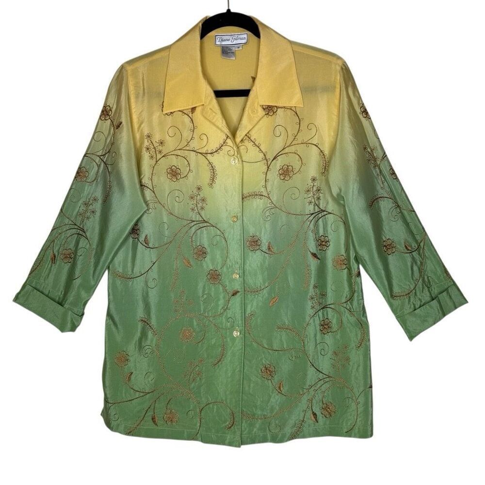 Vintage Diane Gilman Blouse Ombré Yellow Green Embroidered Silk Cotton Size M